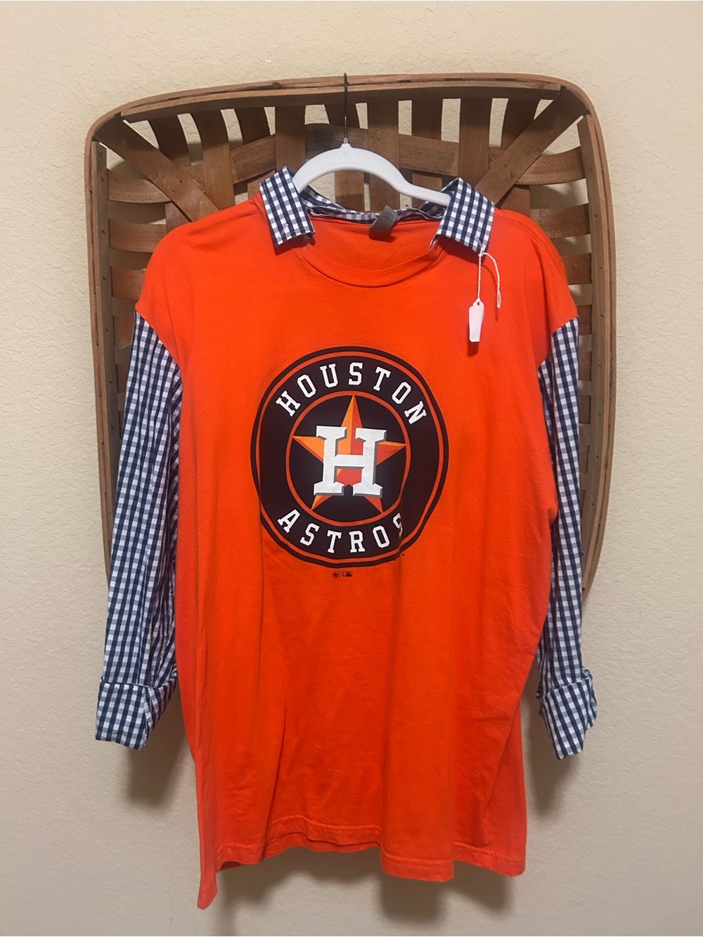 Unique Houston Astros Orange Long Sleeve Tee with Layered Plaid Shirt Detail